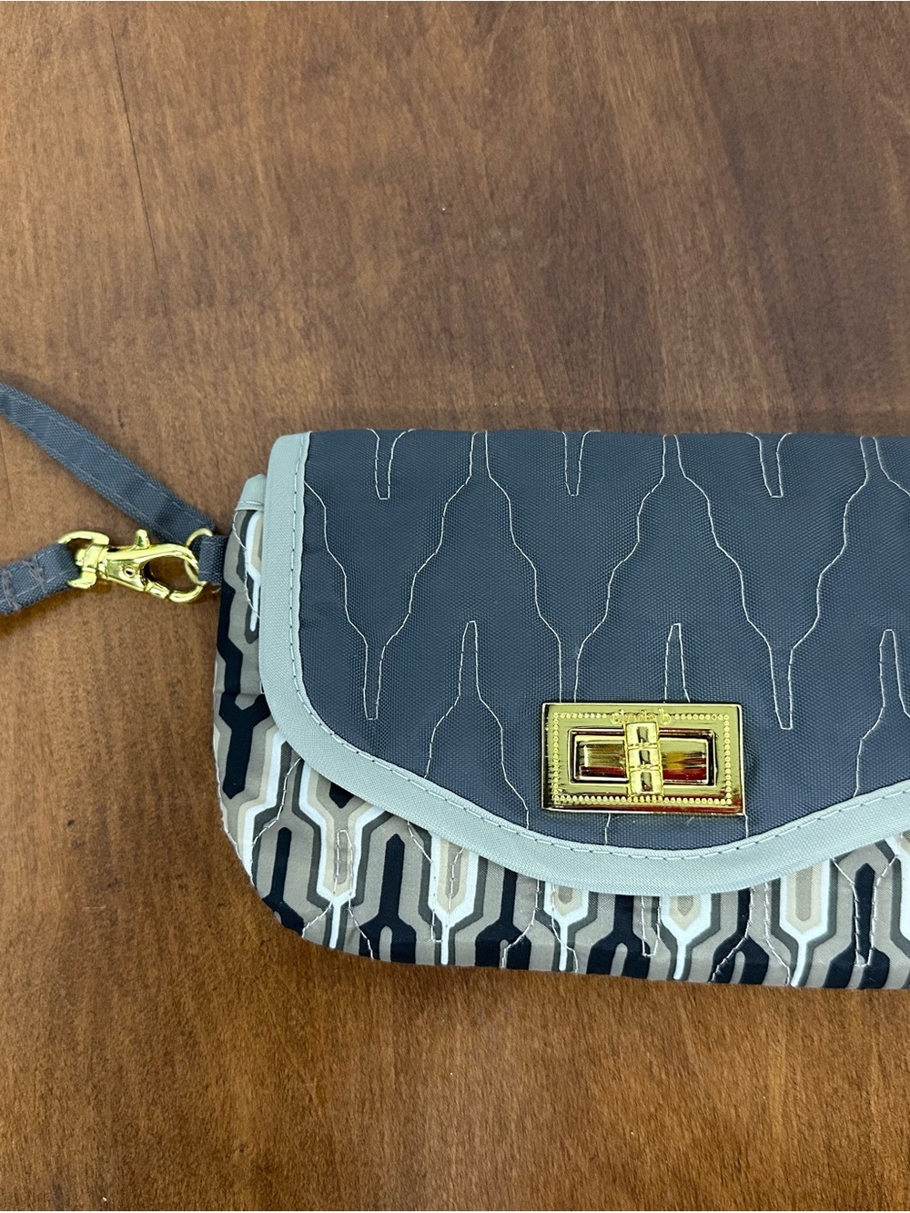 Cinda B Gray and Cream Geometric Wristlet Clutch with Keychain and card holder